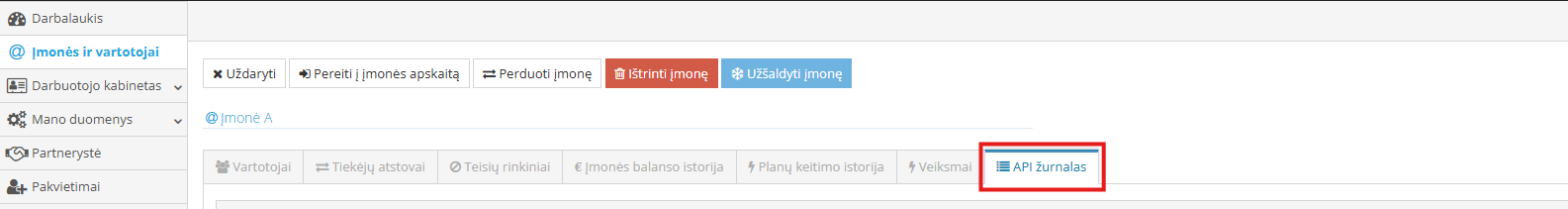 API žurnalo parinkimo langas